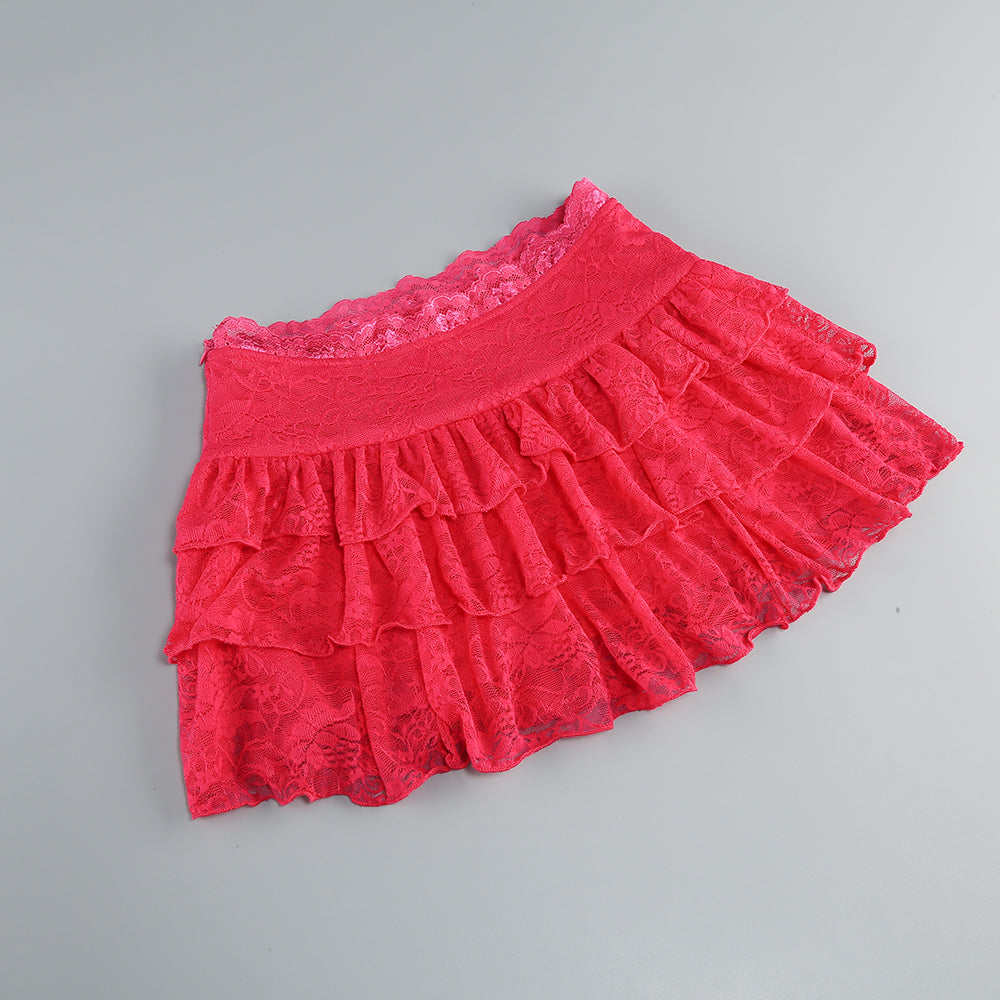 Long Sleeve Lace Ruffle Two Piece Dress Hot Pink HV1434