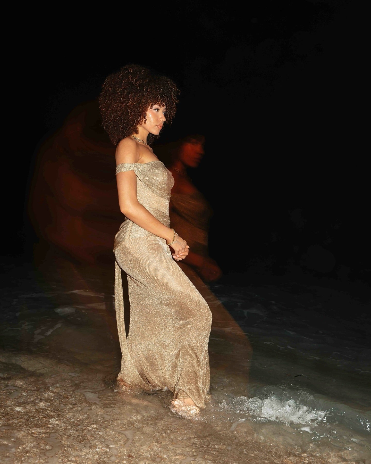One Shoulder Draped Maxi Dress Gold Nude HV2070