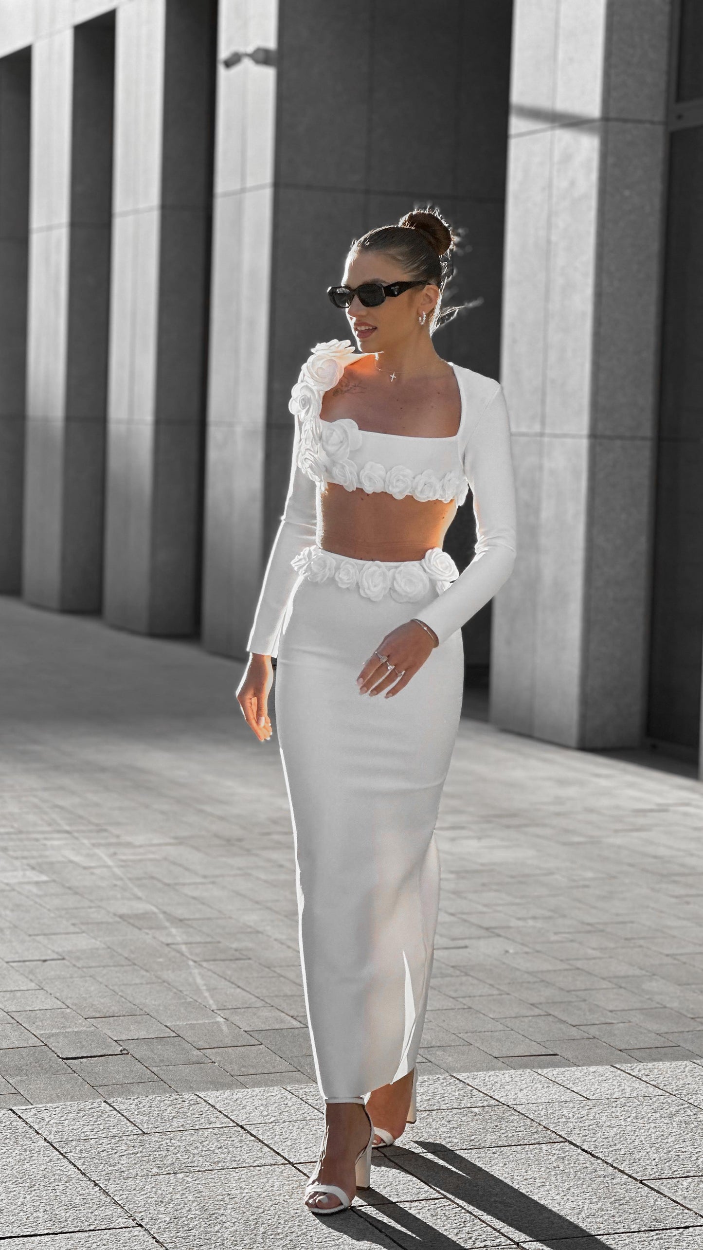 Long Sleeve Flower Detail Two Piece Maxi Dress White HV1155