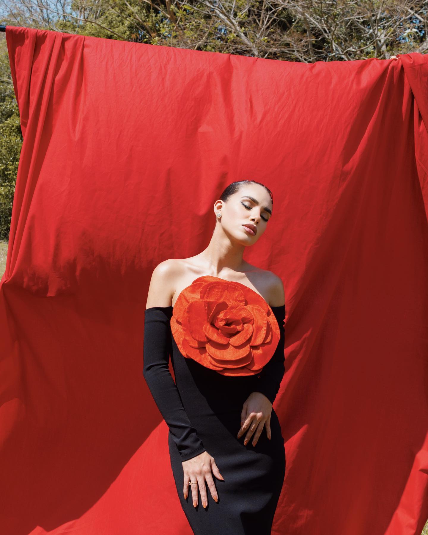 Long Sleeve Rose Detail Maxi Dress Black Red HV1031