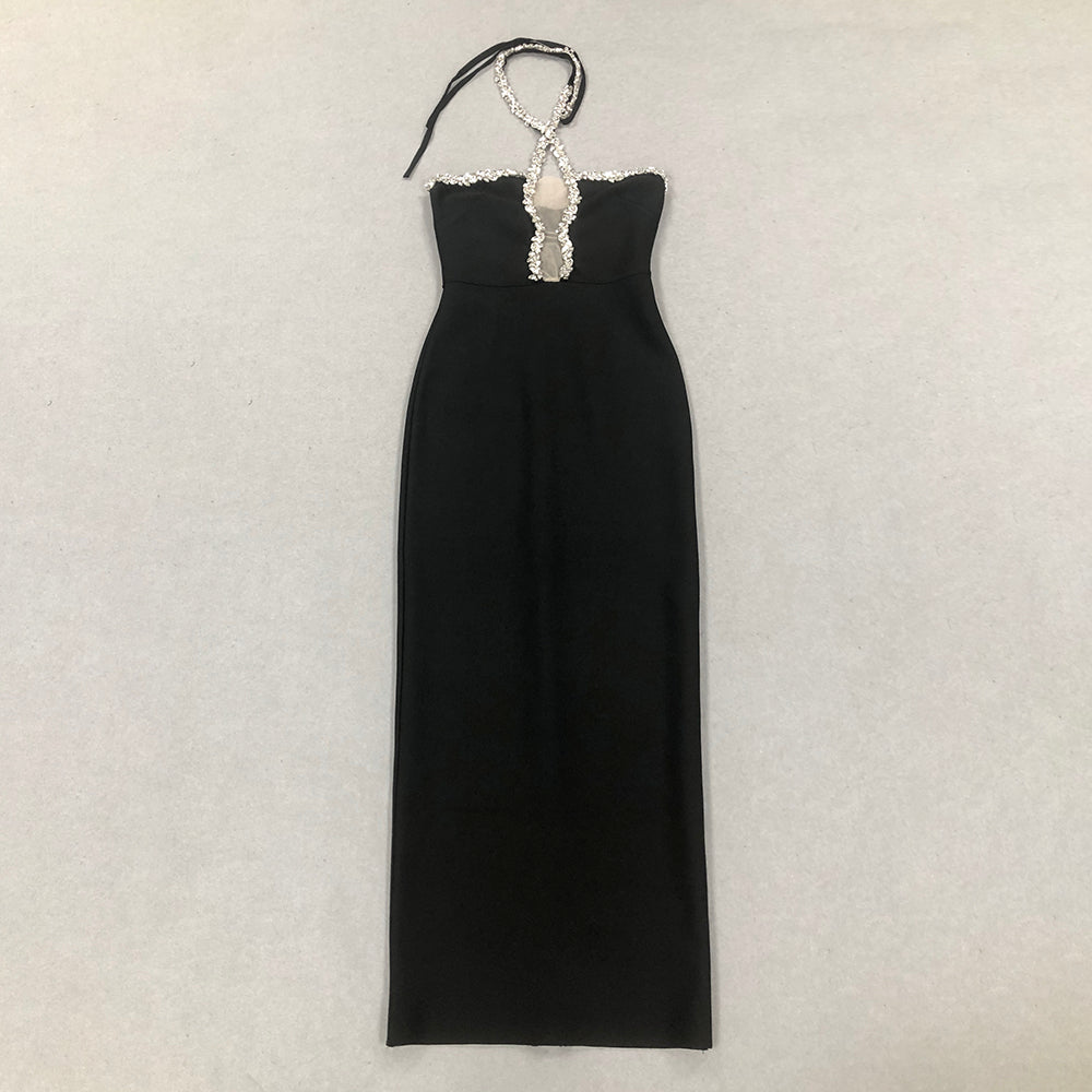 Halter Crystal Maxi Dress Black HV1560
