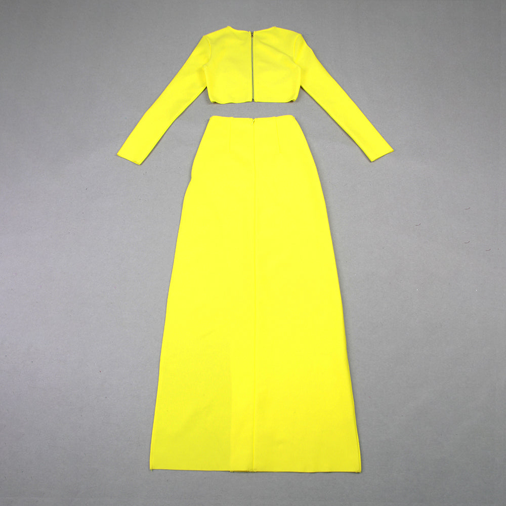 Long Sleeve Star Detail Two Piece Maxi Dress Yellow HV9902