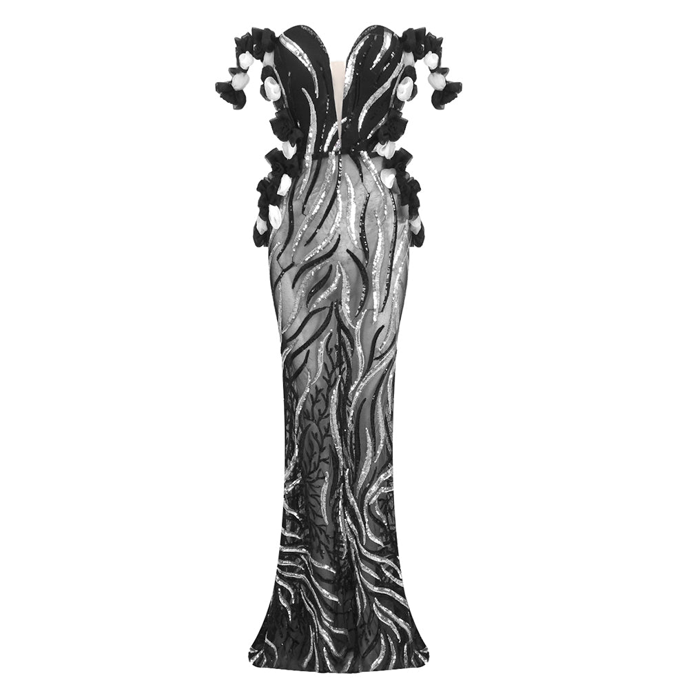 Bardot Petal Sequin Maxi Dress Black Silver HV1743