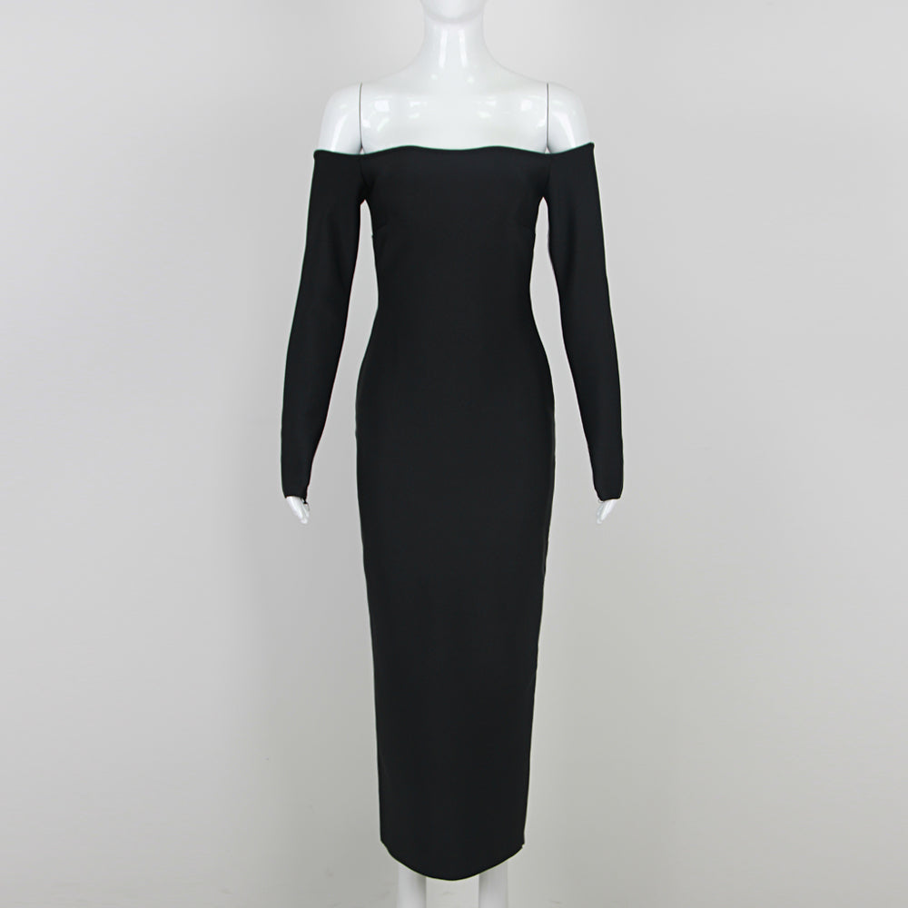 Long Sleeve Puff Bardot Midi Dress Black White HV1803