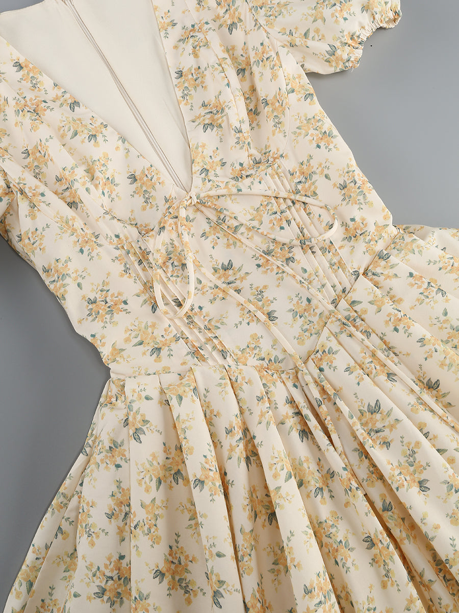 Short Sleeve Floral A Line Dress Yellow HV1205