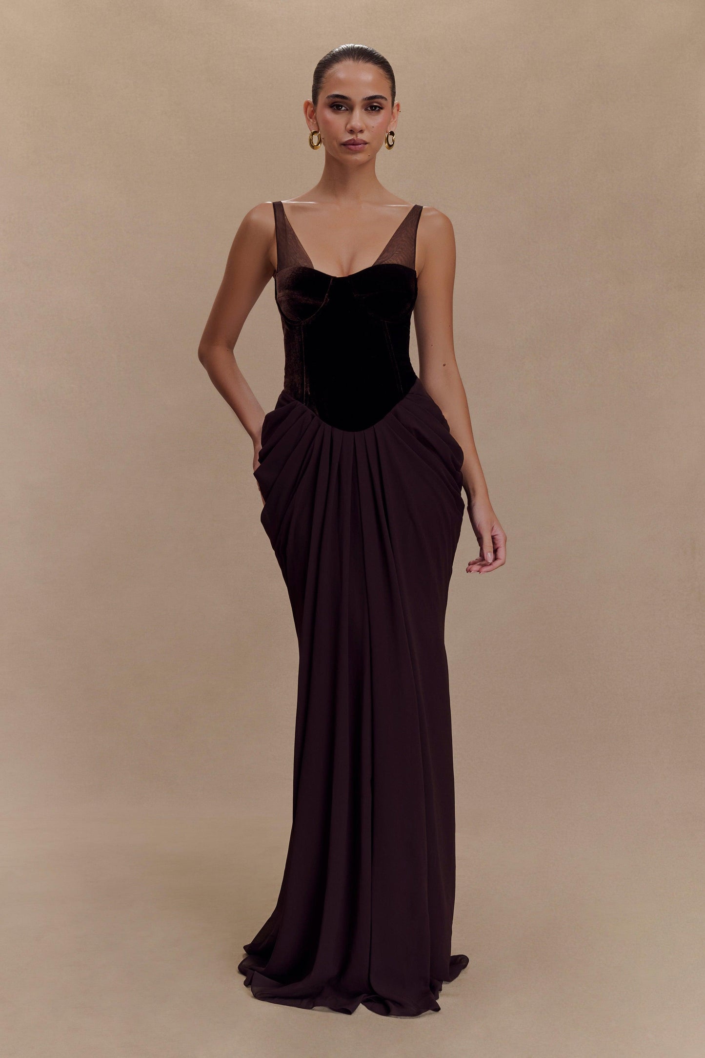 Velvet Bustier Draped Maxi Dress Brown HV2136