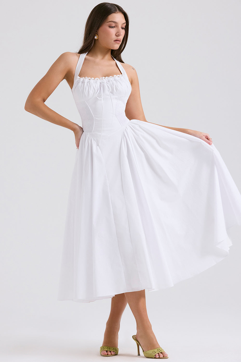 Halter Lace Bustier A Line Midi Dress White HV1290