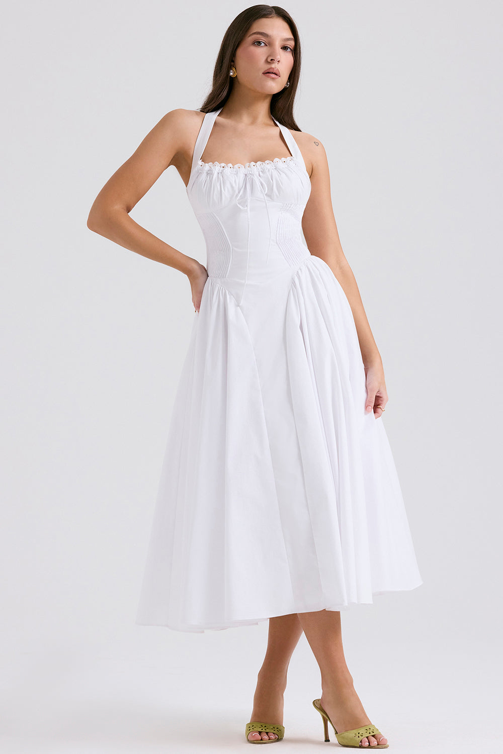 Halter Lace Bustier A Line Midi Dress White HV1290