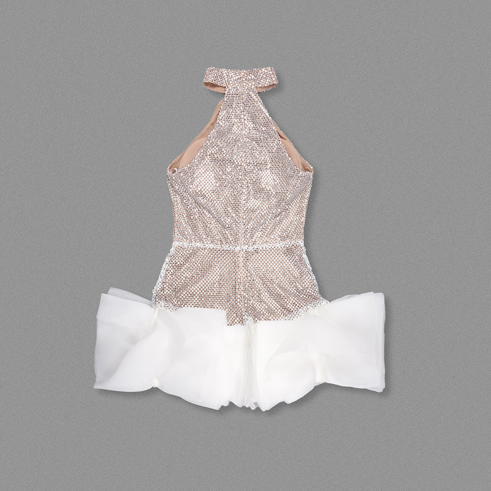 Halter Crystal Ruffle Dress White HV1827