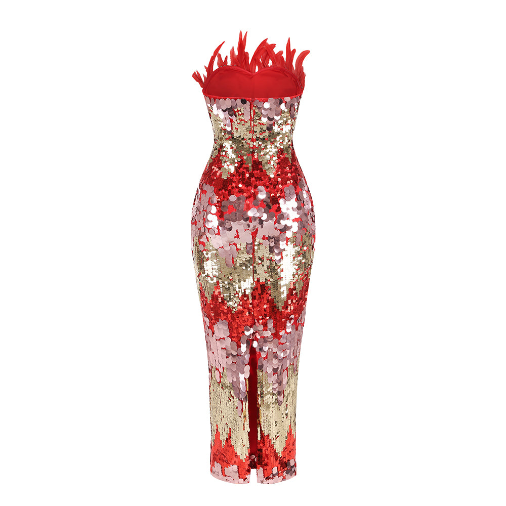 Strapless Feather Sequin Maxi Dress Red Gold HV1749