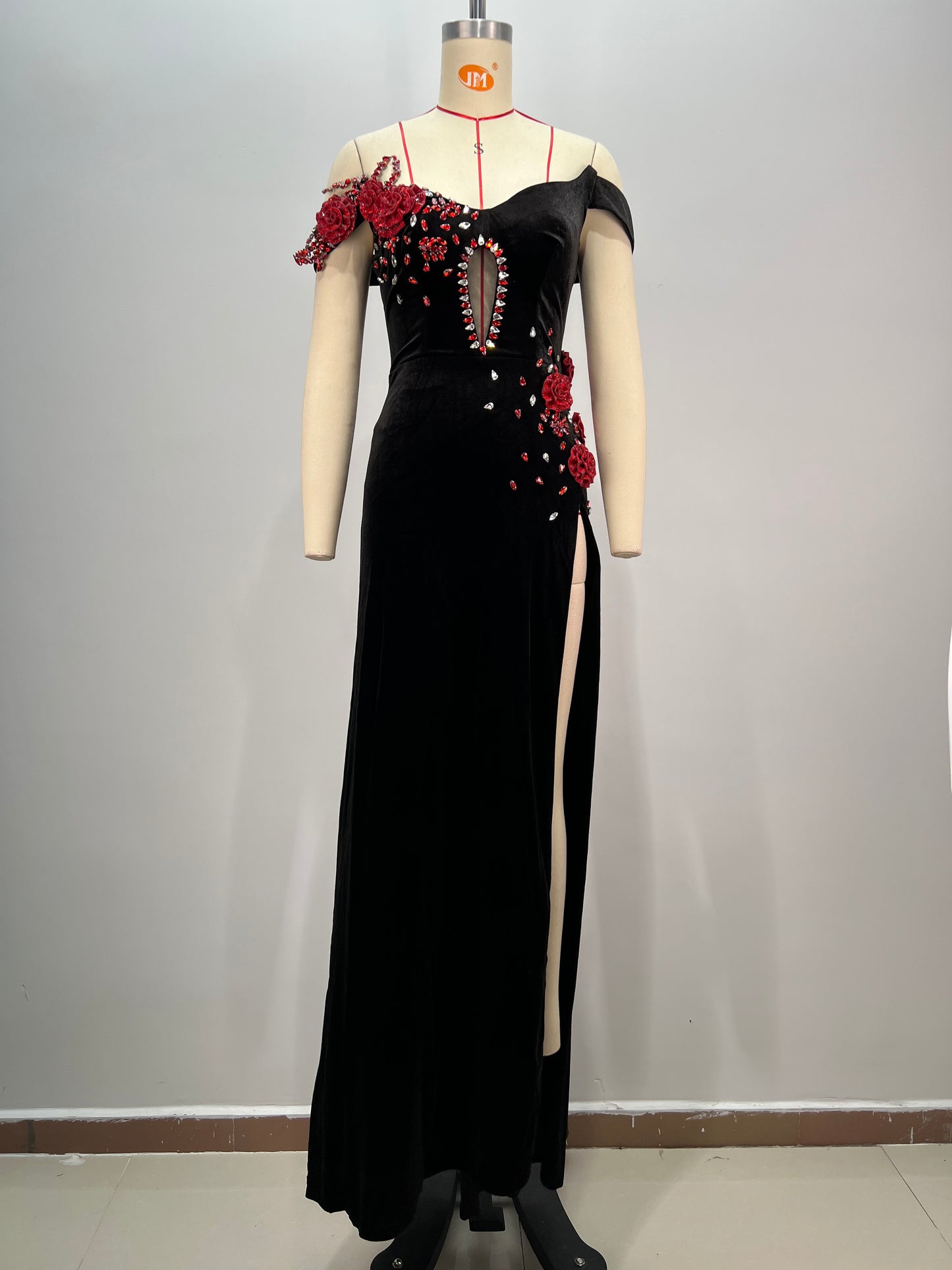 Floral Crystal Bardot Maxi Velvet Dress Black Red HV1831