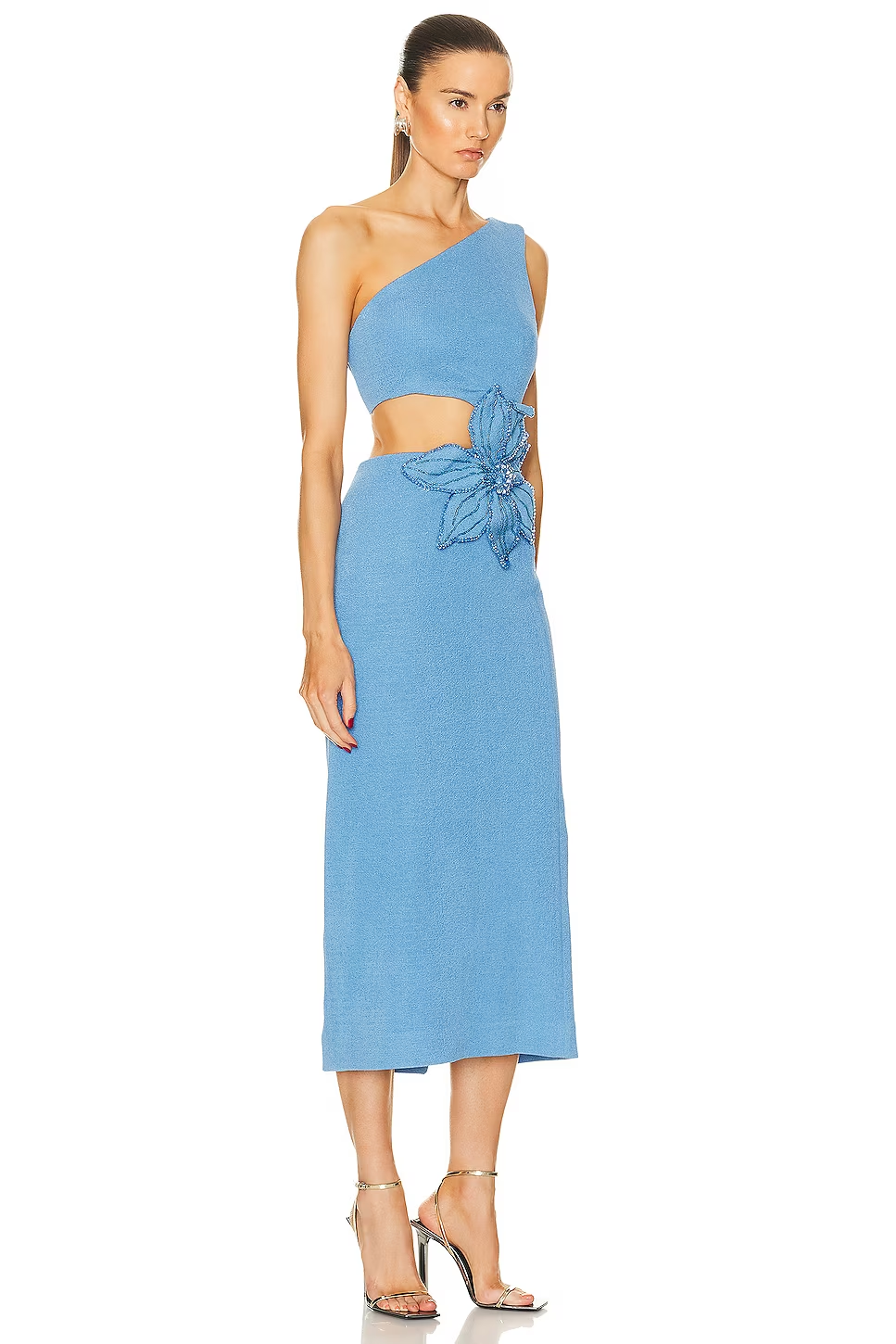 One Shoulder Pearl Flower Midi Dress Blue HV1188
