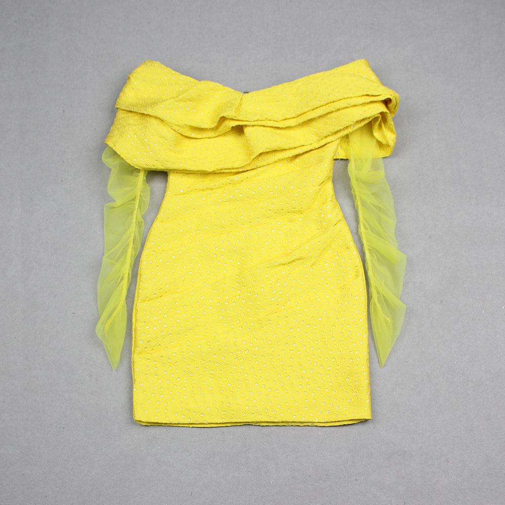 Long Sleeve Draped Off Shoulder Sparkly Dress Yellow HV9159