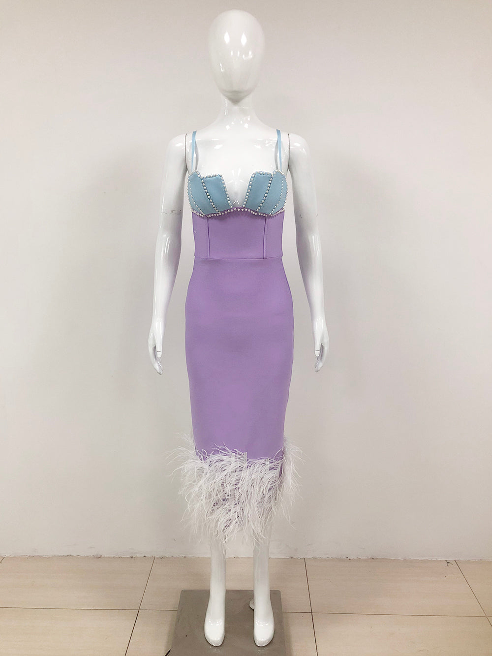Pearl Bustier Feather Detail Midi Dress Purple HV1800
