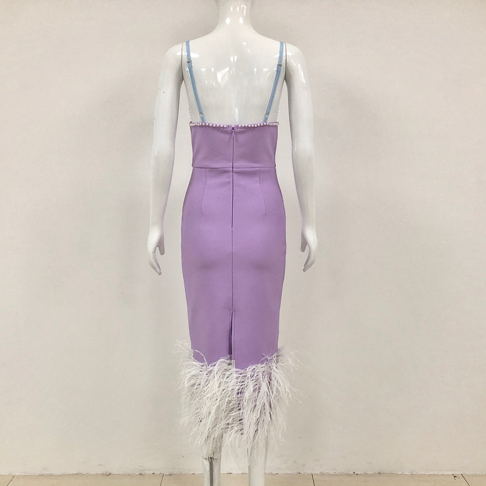 Pearl Bustier Feather Detail Midi Dress Purple HV1800