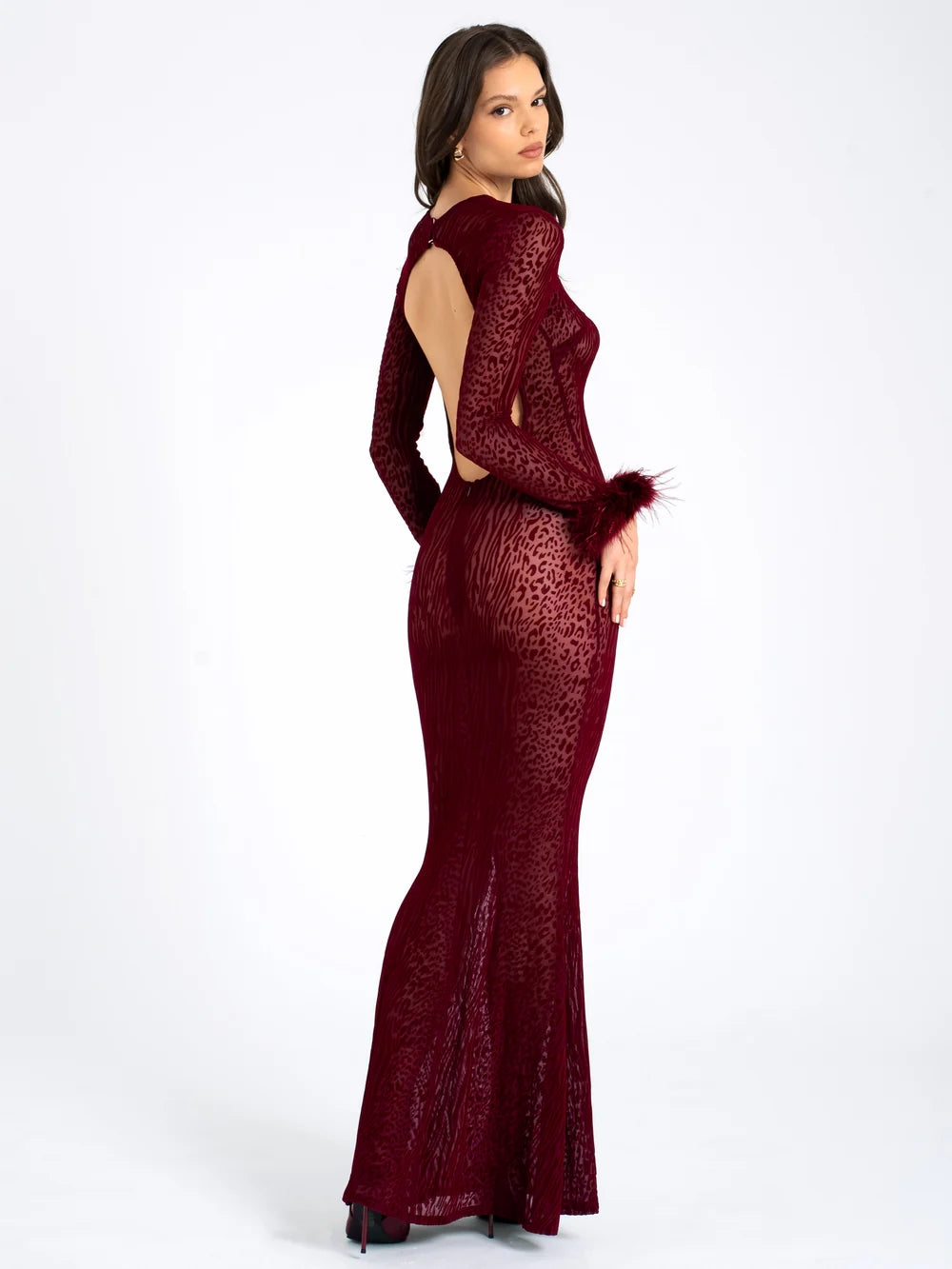 Long Sleeve Backless Maxi Dress Burgundy HV1902