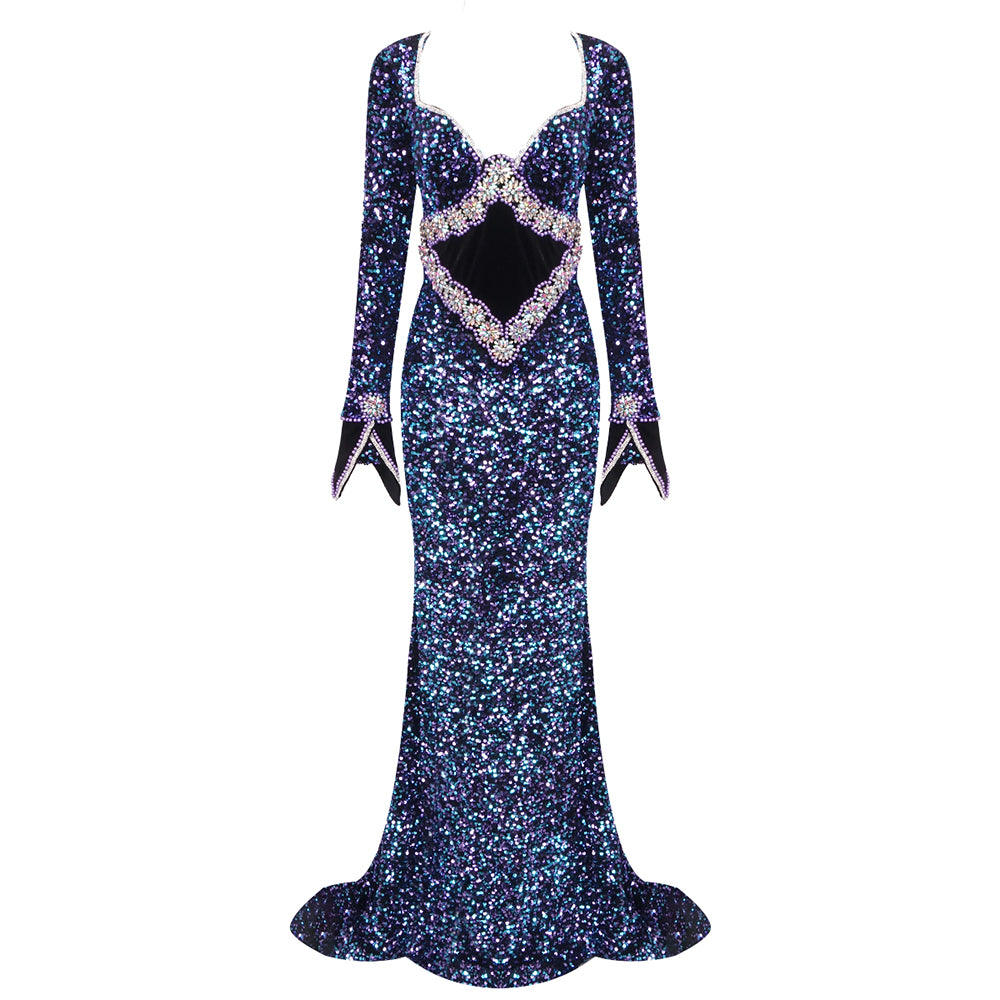 Long Sleeve Crystal Sequin Mermaid Maxi Dress Blue HV1786