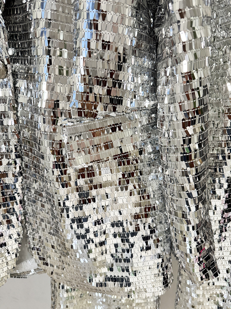 Long Sleeve Mirrored Sequin Suit Silver