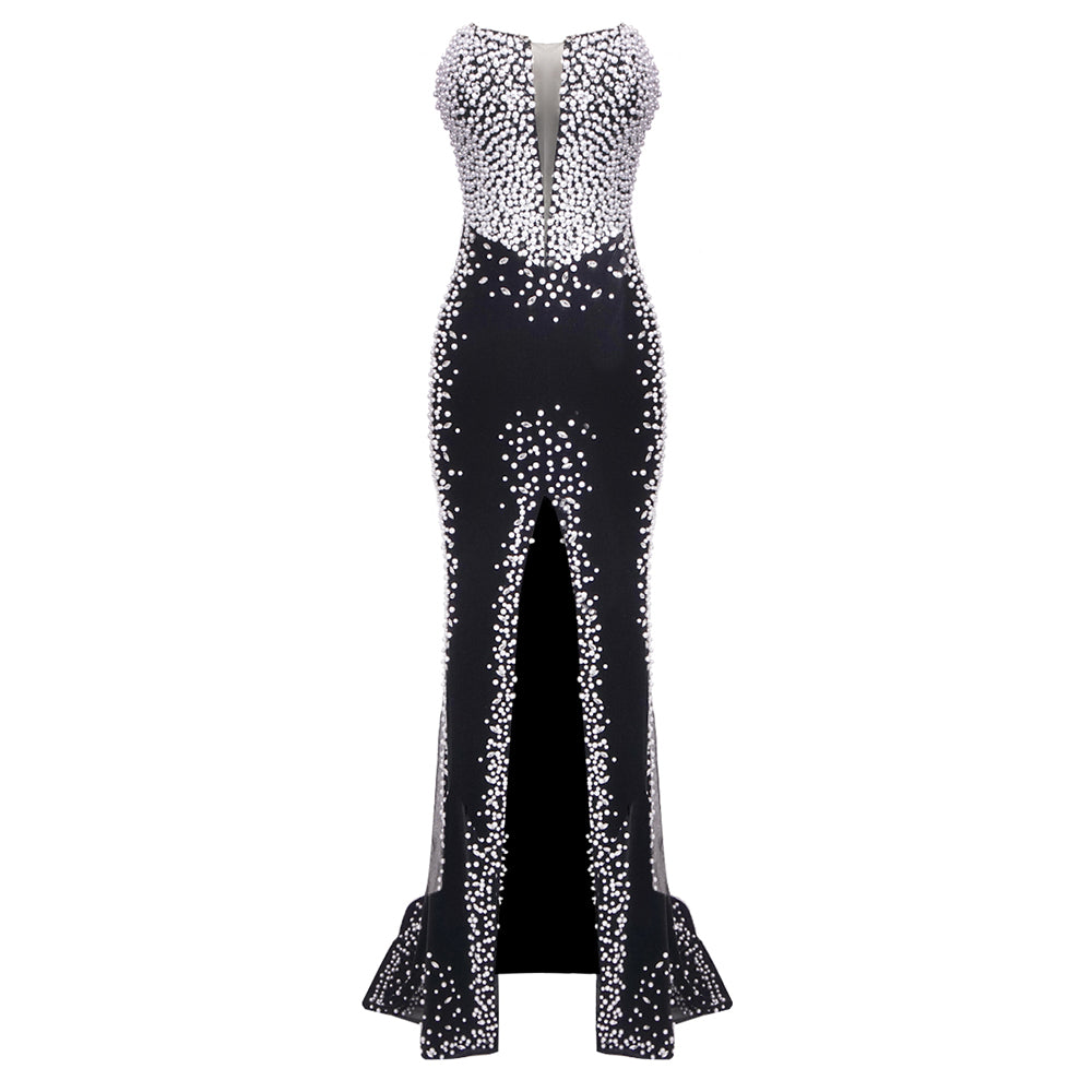 Strapless Crystal Pearl Maxi Velvet Dress Black HV1765