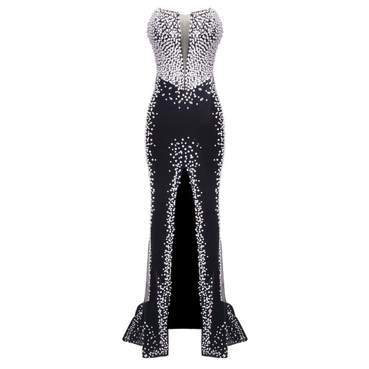 Strapless Crystal Pearl Maxi Velvet Dress Black HV1765