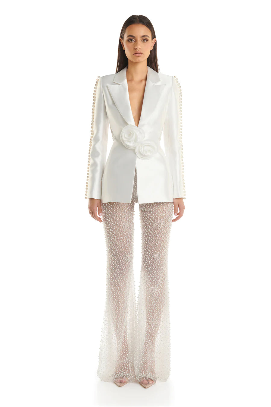 Long Sleeve Pearl Silk Suit White HV9953