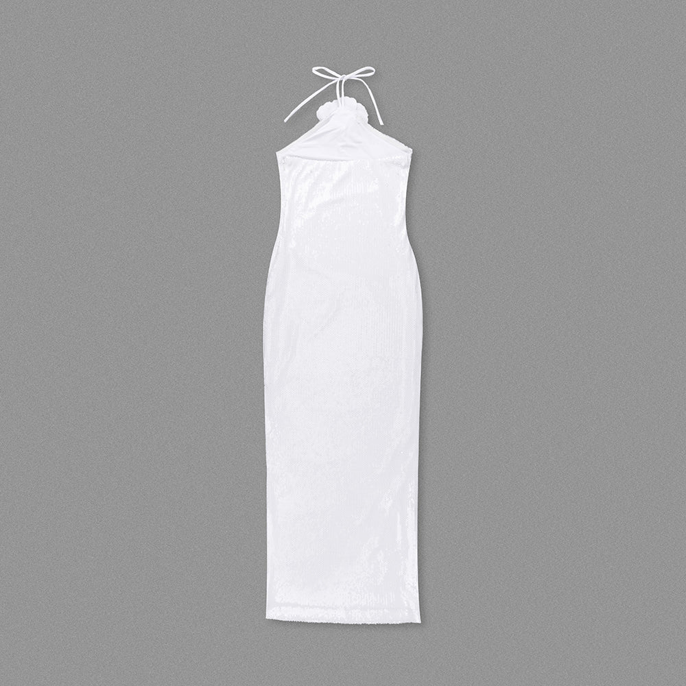 Halter Flower Sequin Maxi Dress White HV1410