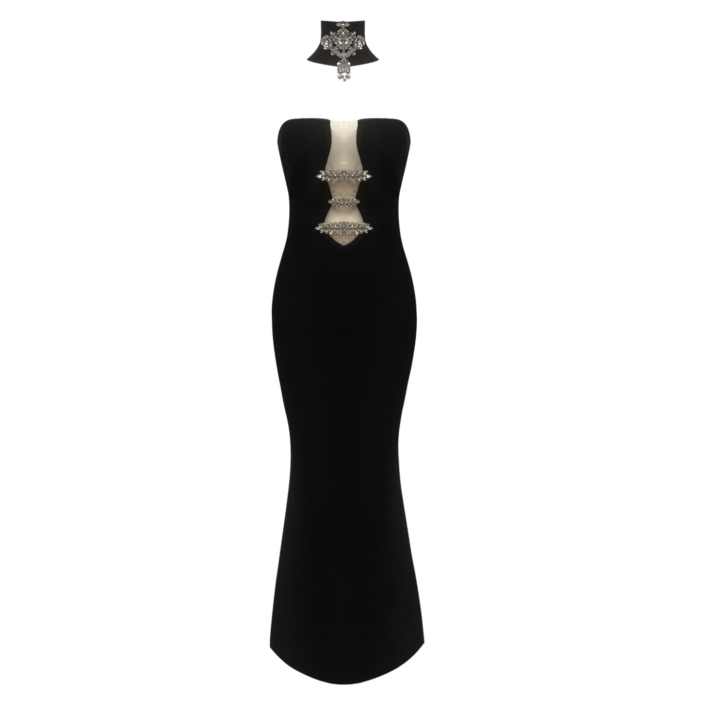 Strapless Crystal Choker Maxi Dress Black