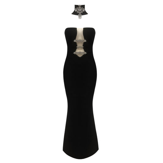 Strapless Crystal Choker Maxi Dress Black