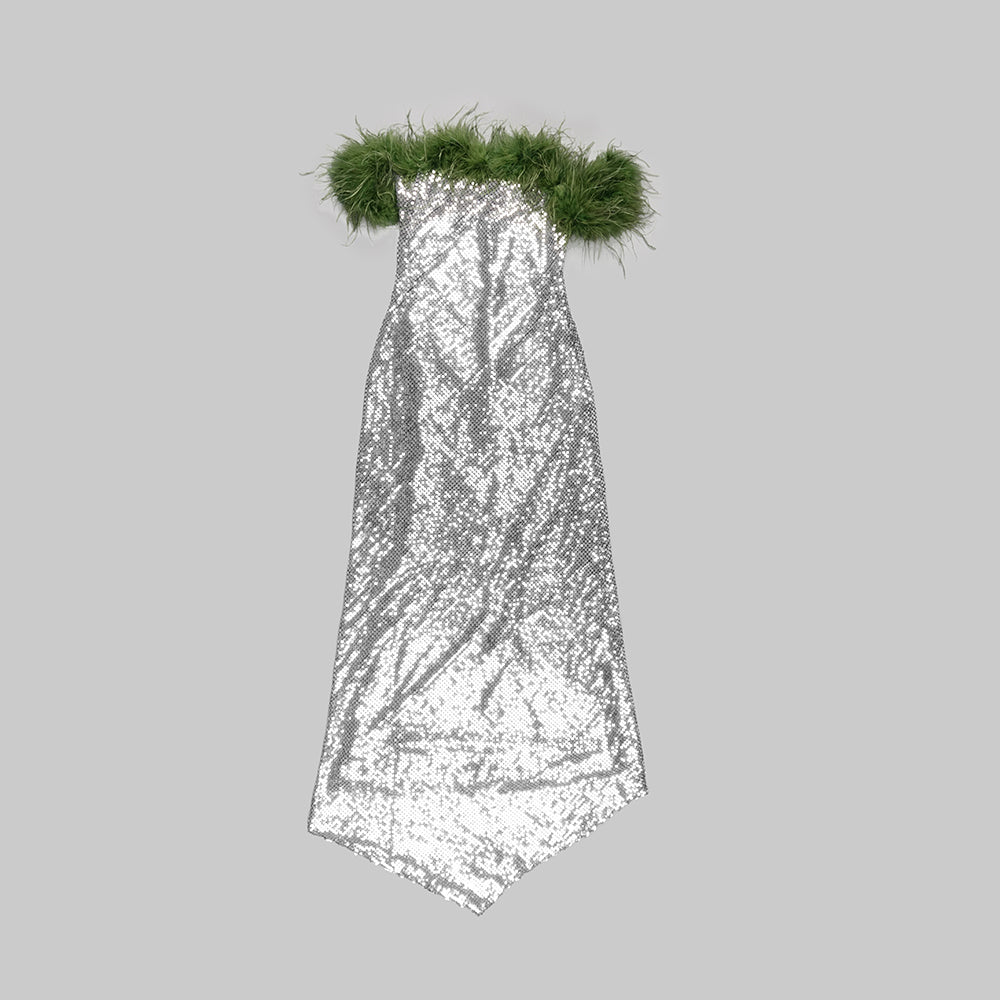 Feather Off Shoulder Sequin Maxi Dress Green Silver HV9631