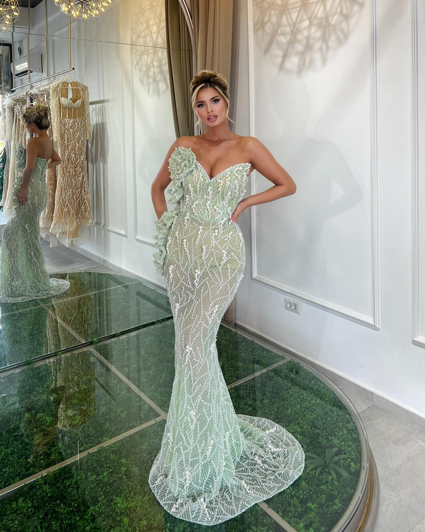 Strapless Floral Sequin Maxi Dress Green HV2227