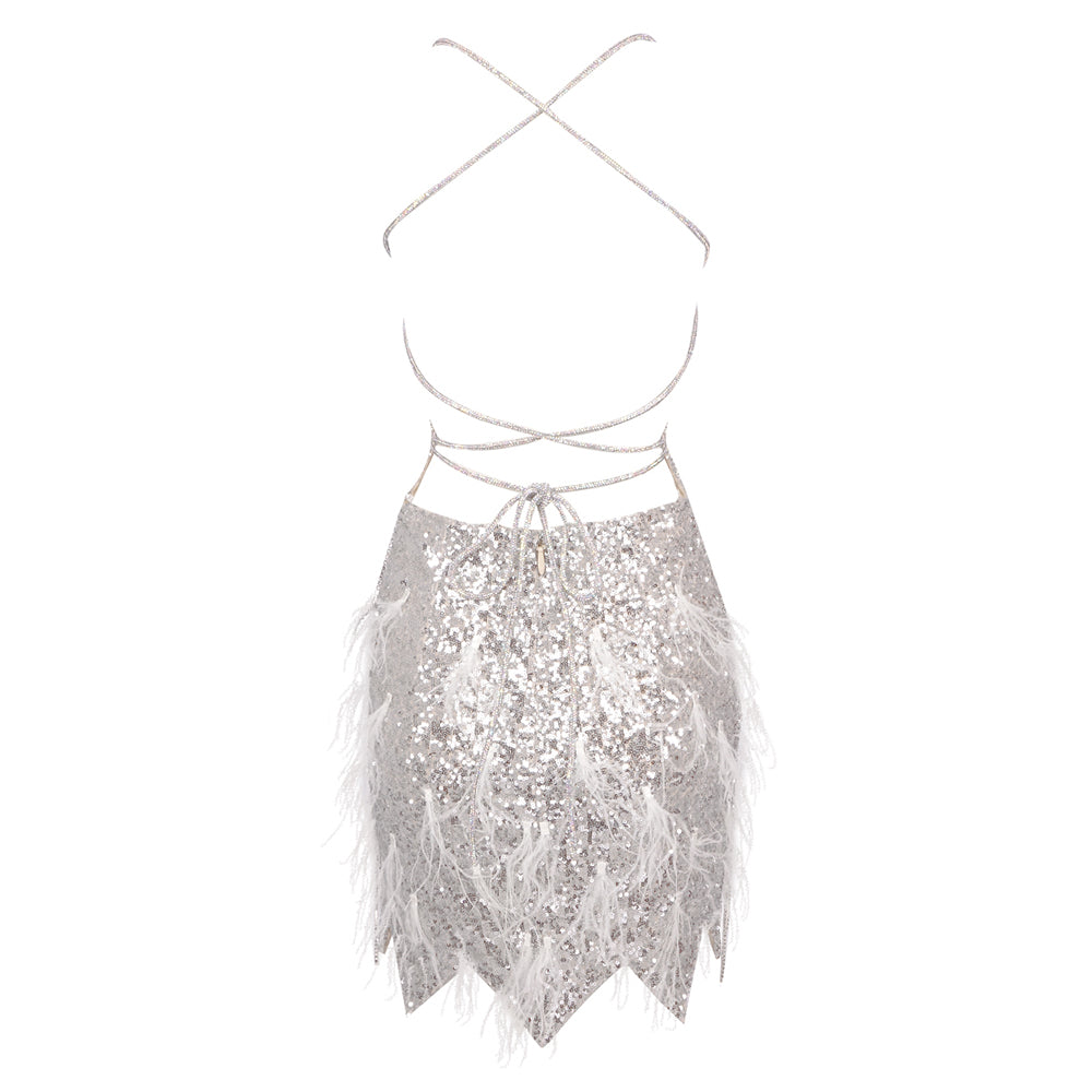 Halter Crystal Feather Sequin Dress Silver HV1442