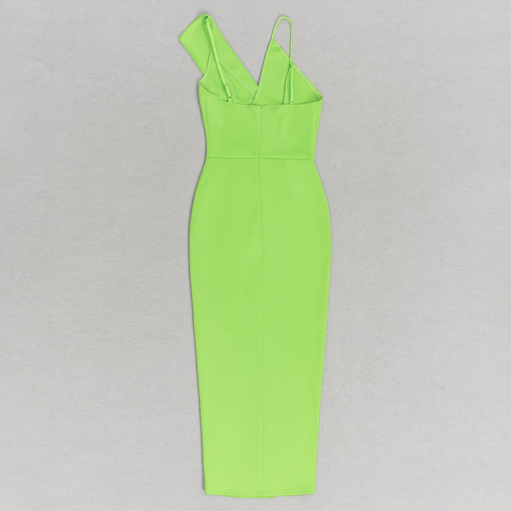 One Shoulder Draped Asymmetric Midi Dress Green HV9672