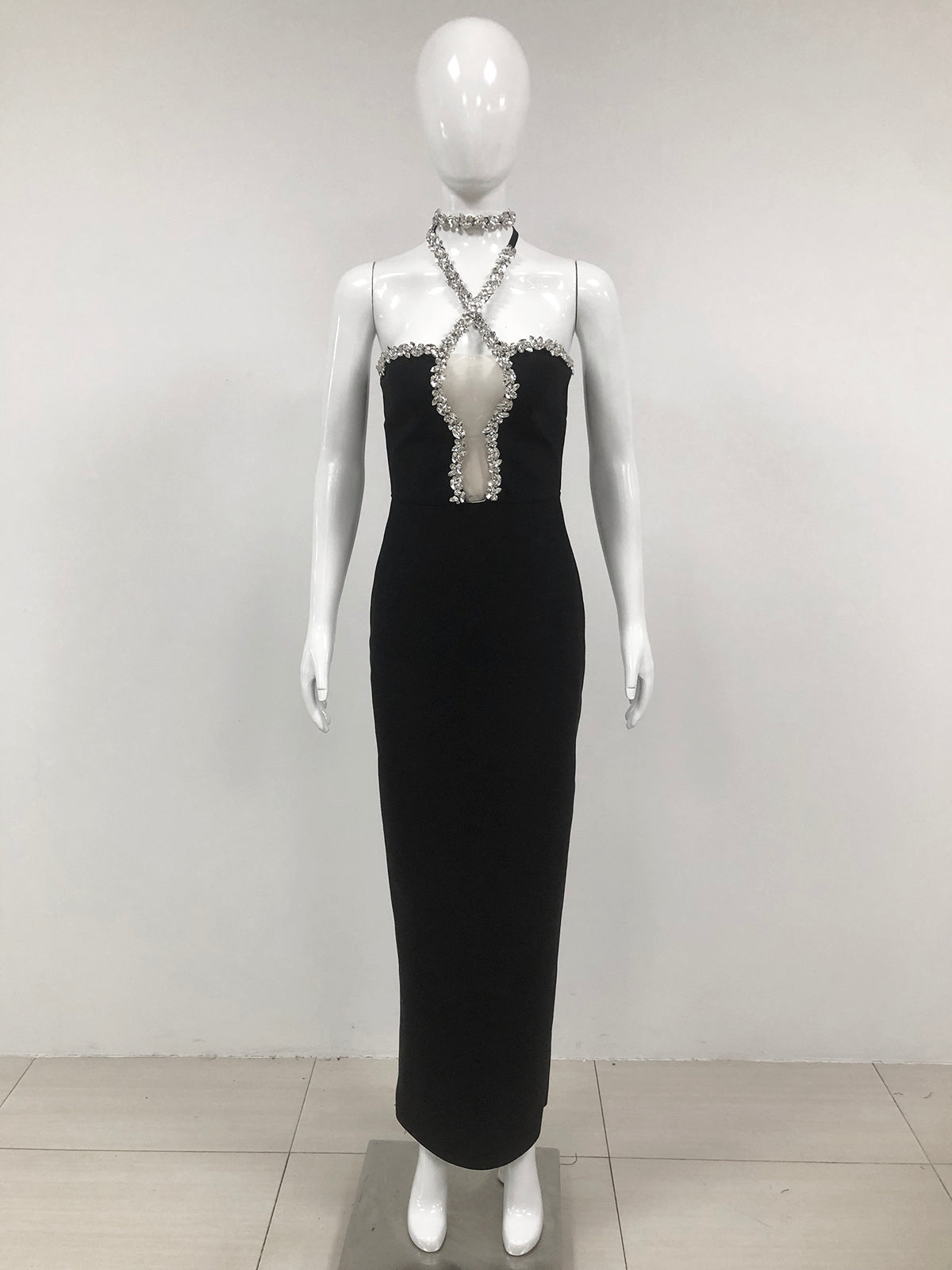 Halter Crystal Maxi Dress Black HV1560