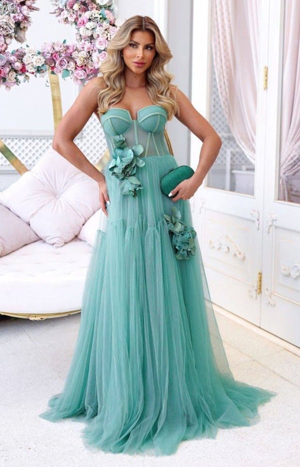 Strapless Floral Corset Mermaid Maxi Dress Turquoise HV1616