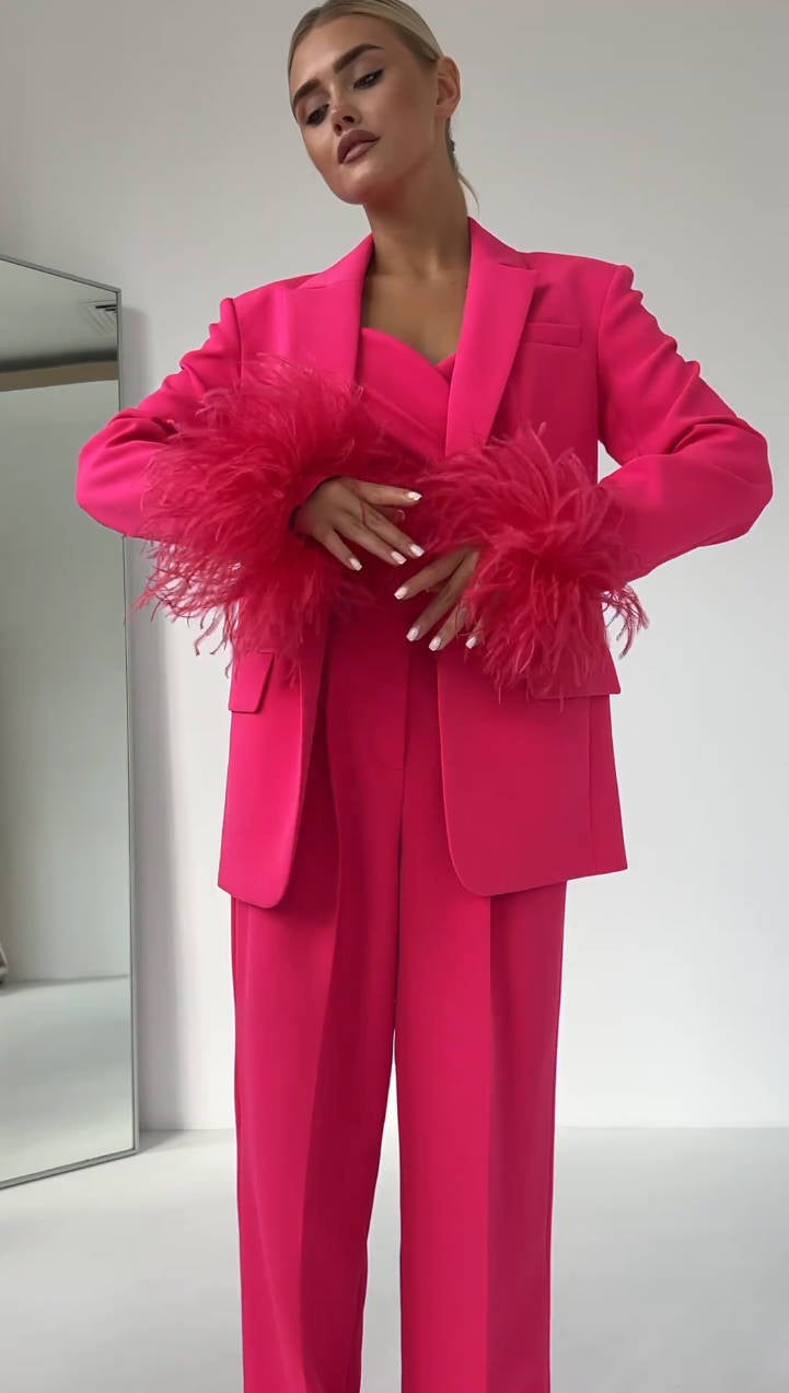 Long Sleeve Feather Detail Suit Hot Pink HV1267
