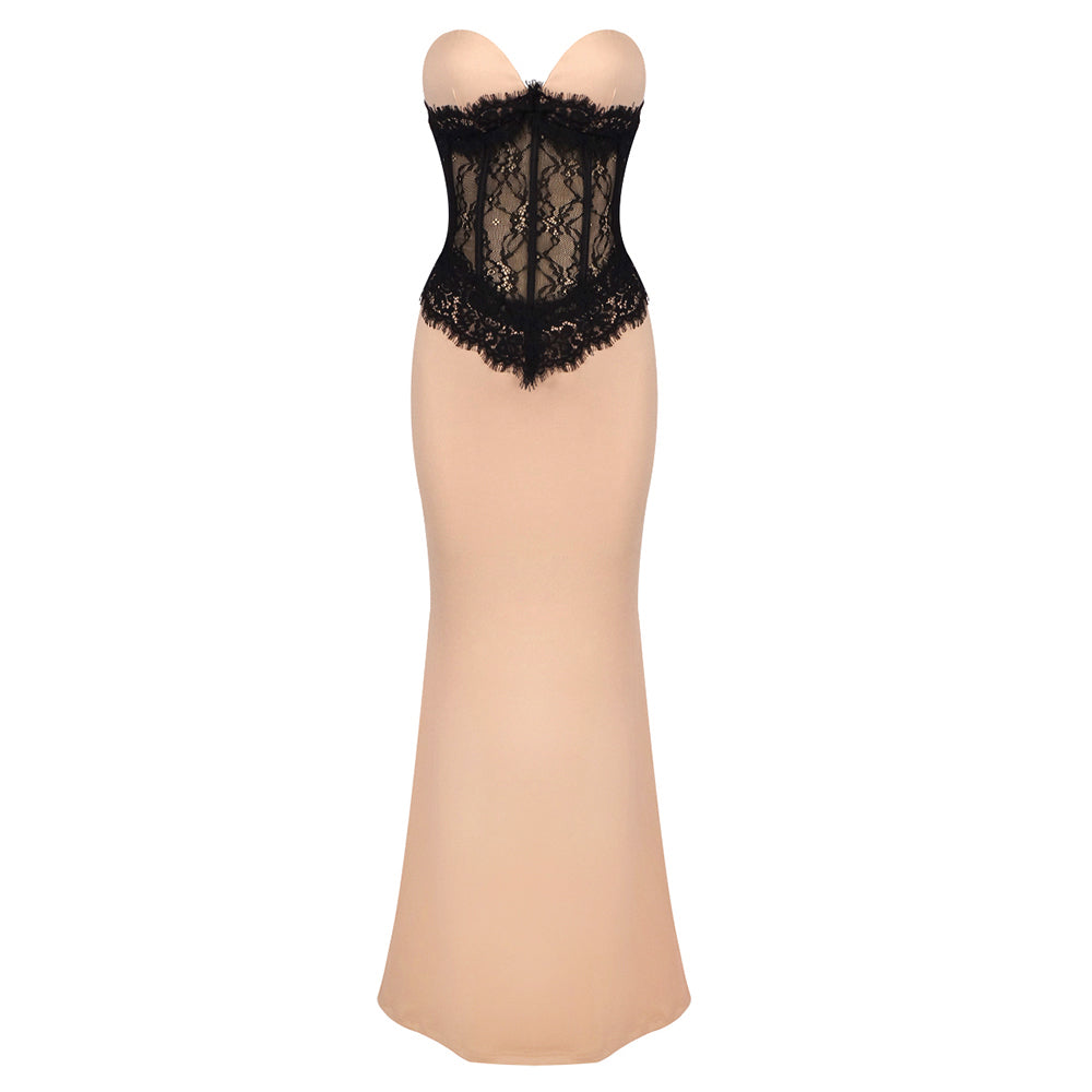 Strapless Lace Insert Maxi Dress Nude Black HV1443