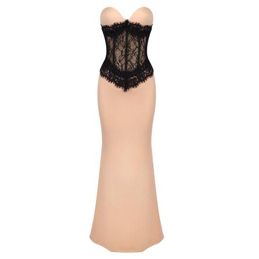 Strapless Lace Insert Maxi Dress Nude Black HV1443