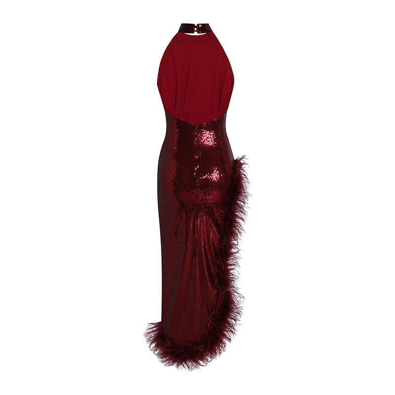 Halter Sequin Feather Maxi Dress Red