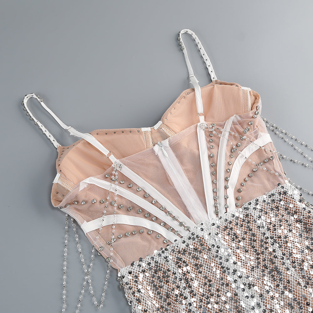 Corset Sequin Dress White Nude HV1864