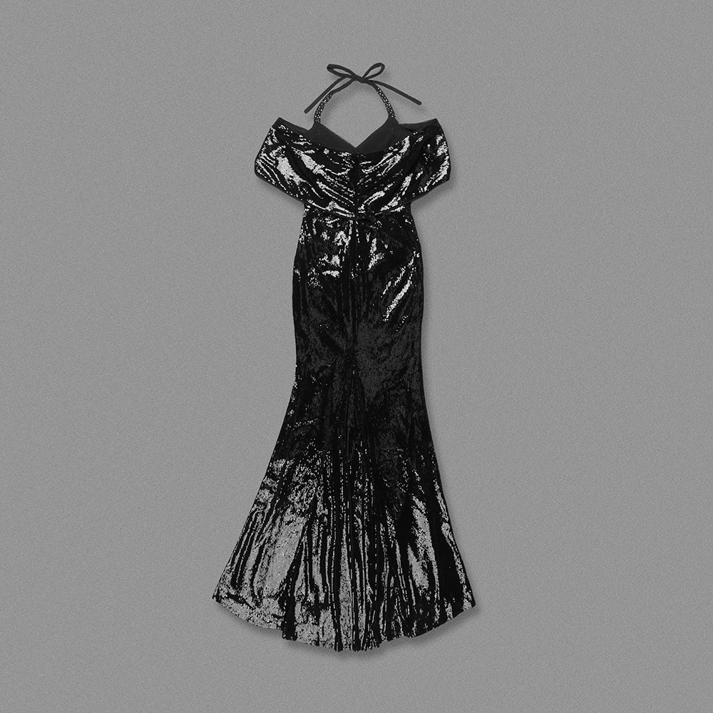 Halter Bardot Pearl Sequin Maxi Dress Black HV2082