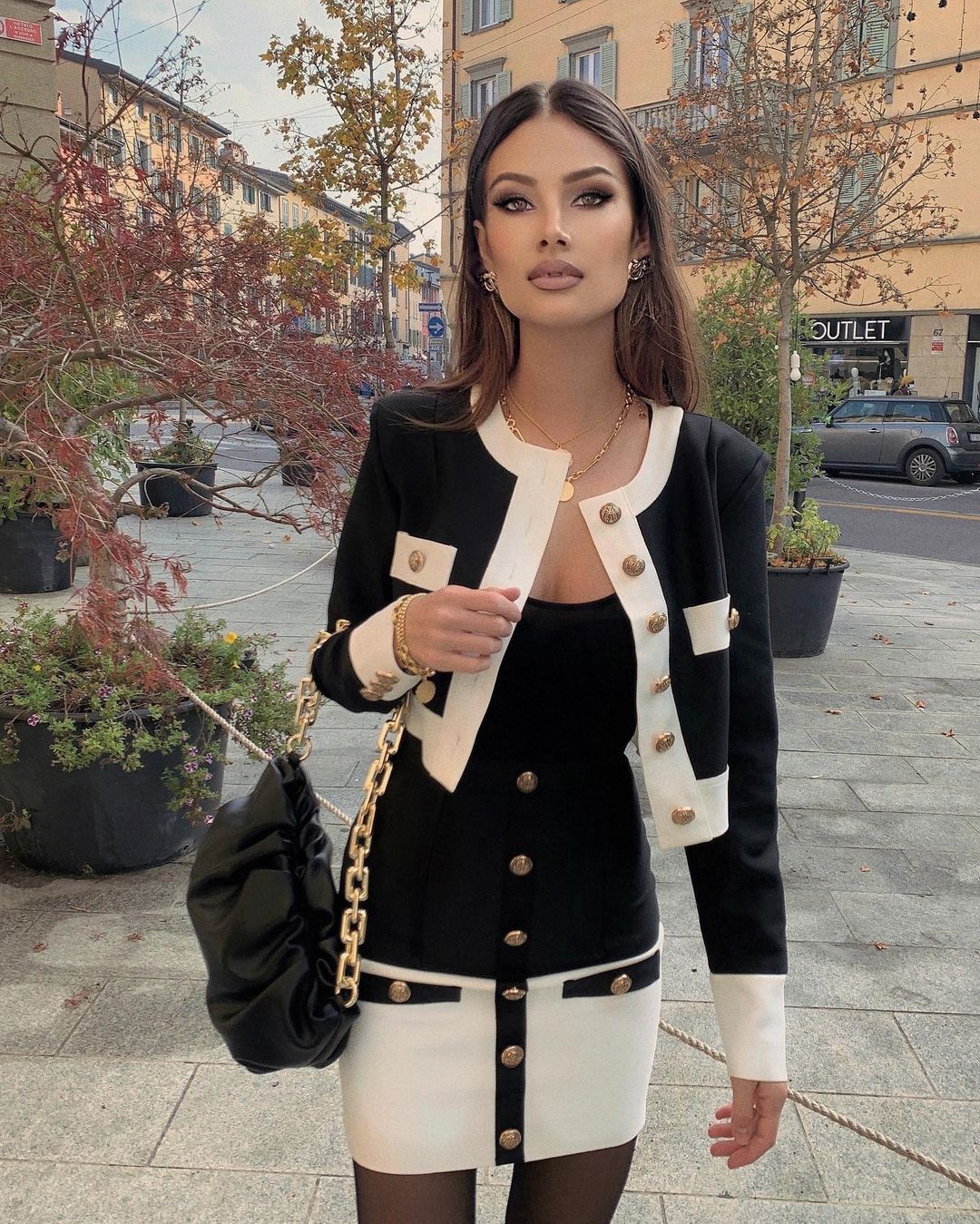 Long Sleeve Button Two Piece Dress Black White HV6907