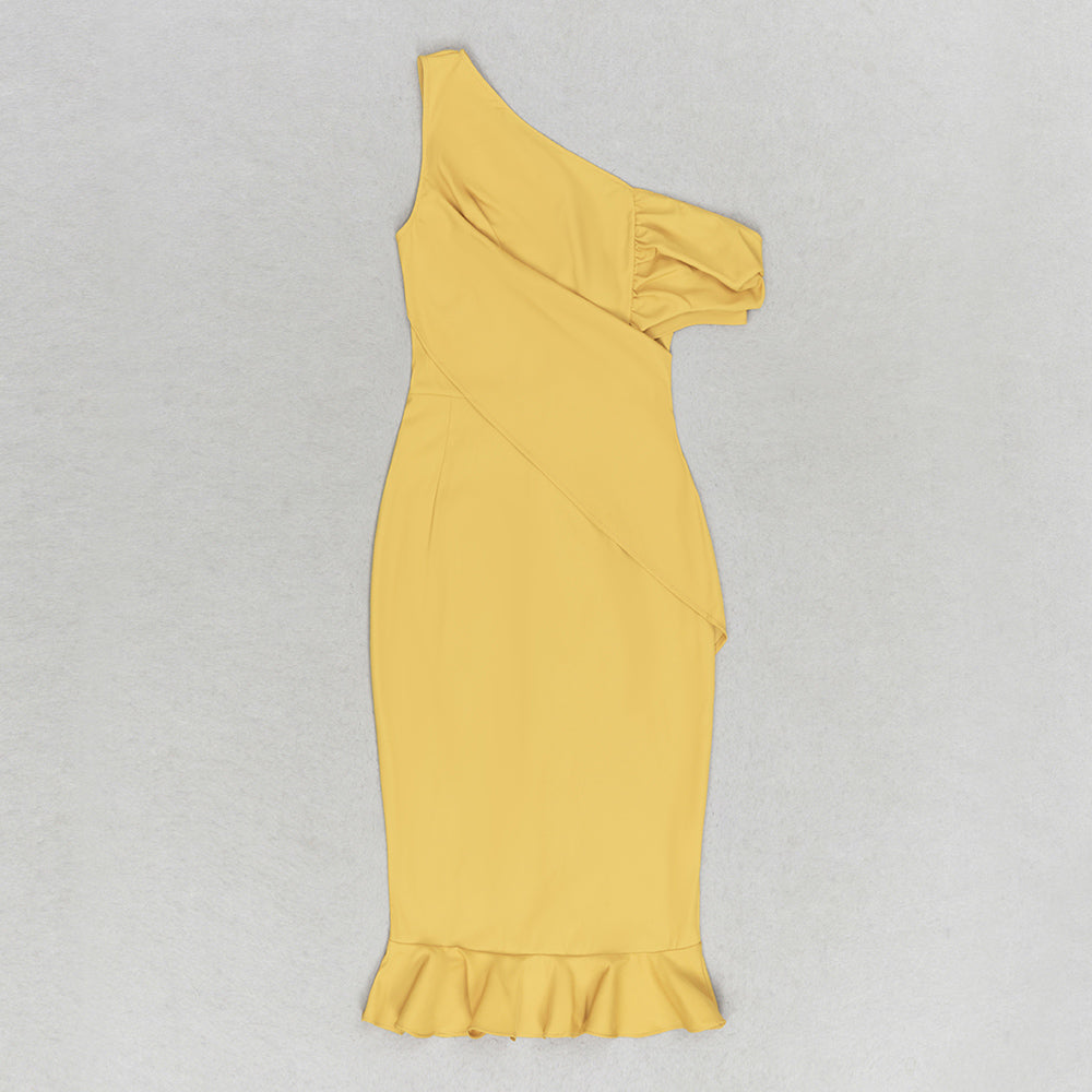 One Shoulder Draped Ruffle Dress Mustard HV9690