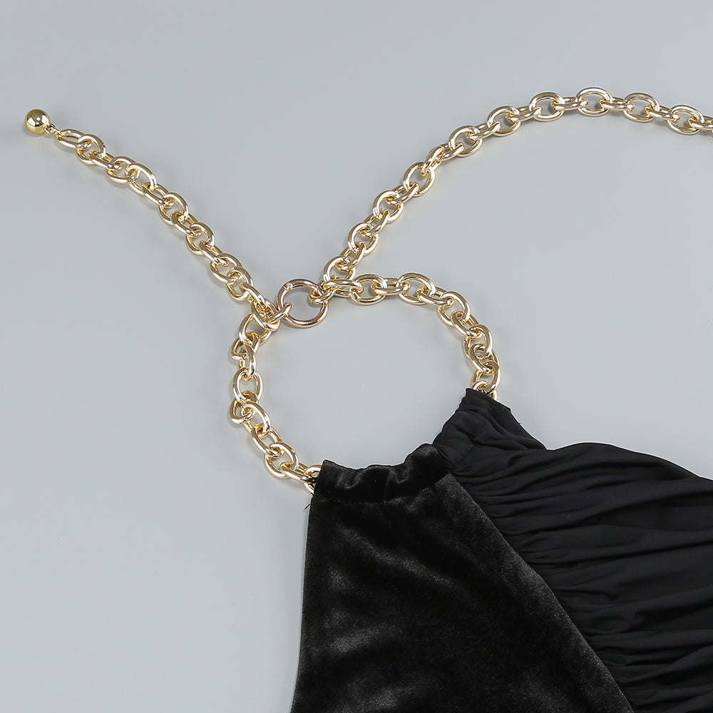 Halter Chain Detail Ruched Velvet Dress Black HV1615