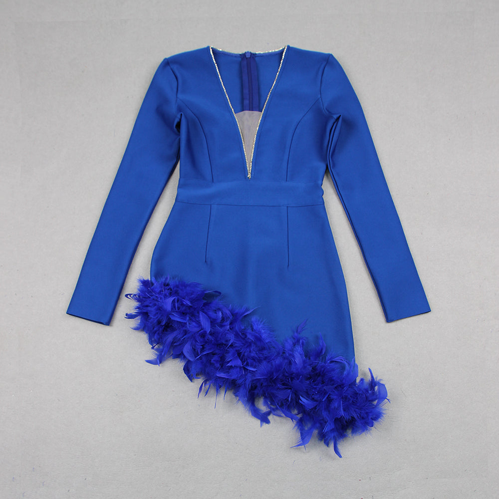 Long Sleeve Rhinestone Feather Dress HV9215