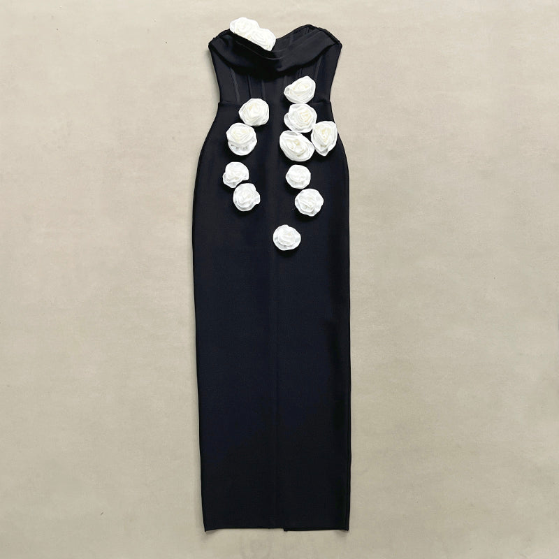Strapless Floral Corset Maxi Dress Black White HV1703