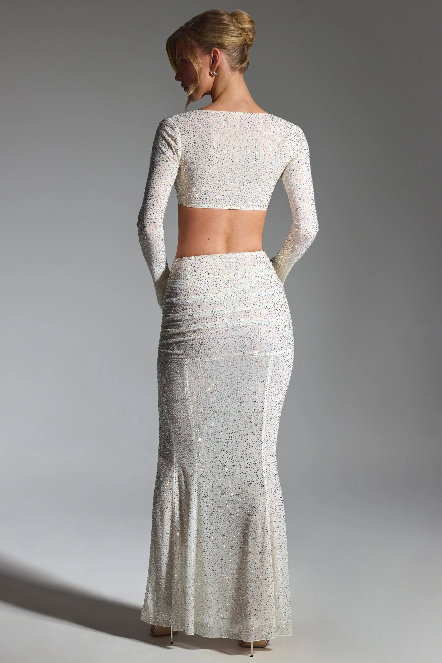 Long Sleeve Crystal Two Piece Maxi Dress Silver HV1569