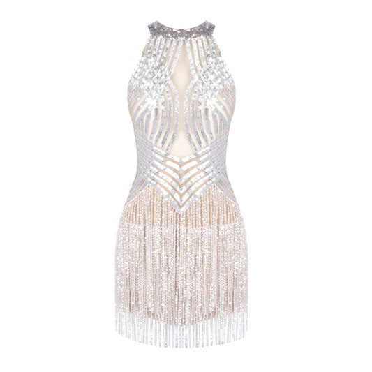 Halter Sequin Tassel Backless Dress Silver HV2143