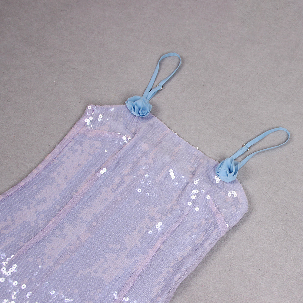 Flower Ruffle Detail Sequin Maxi Dress Silver HV9712