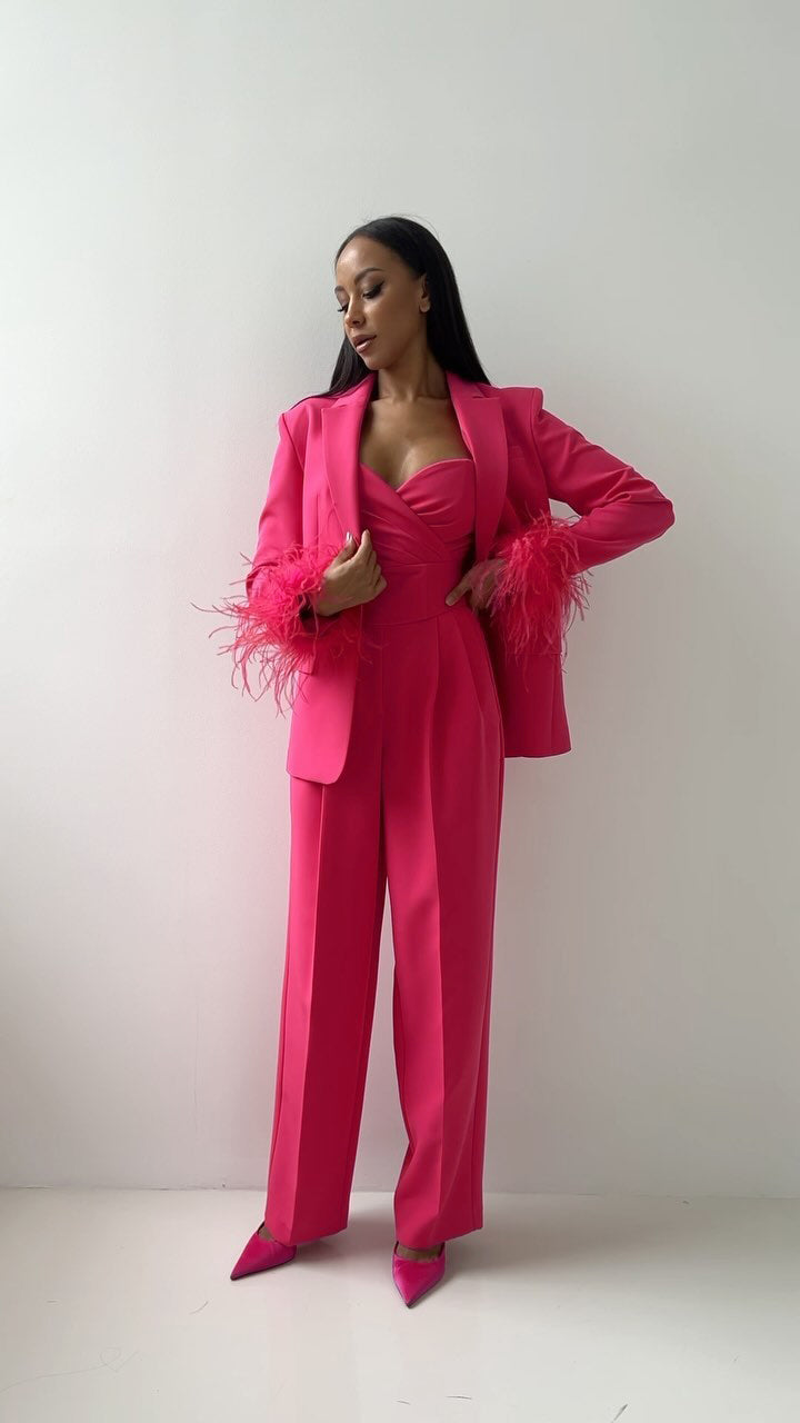 Long Sleeve Feather Detail Suit Hot Pink HV1267