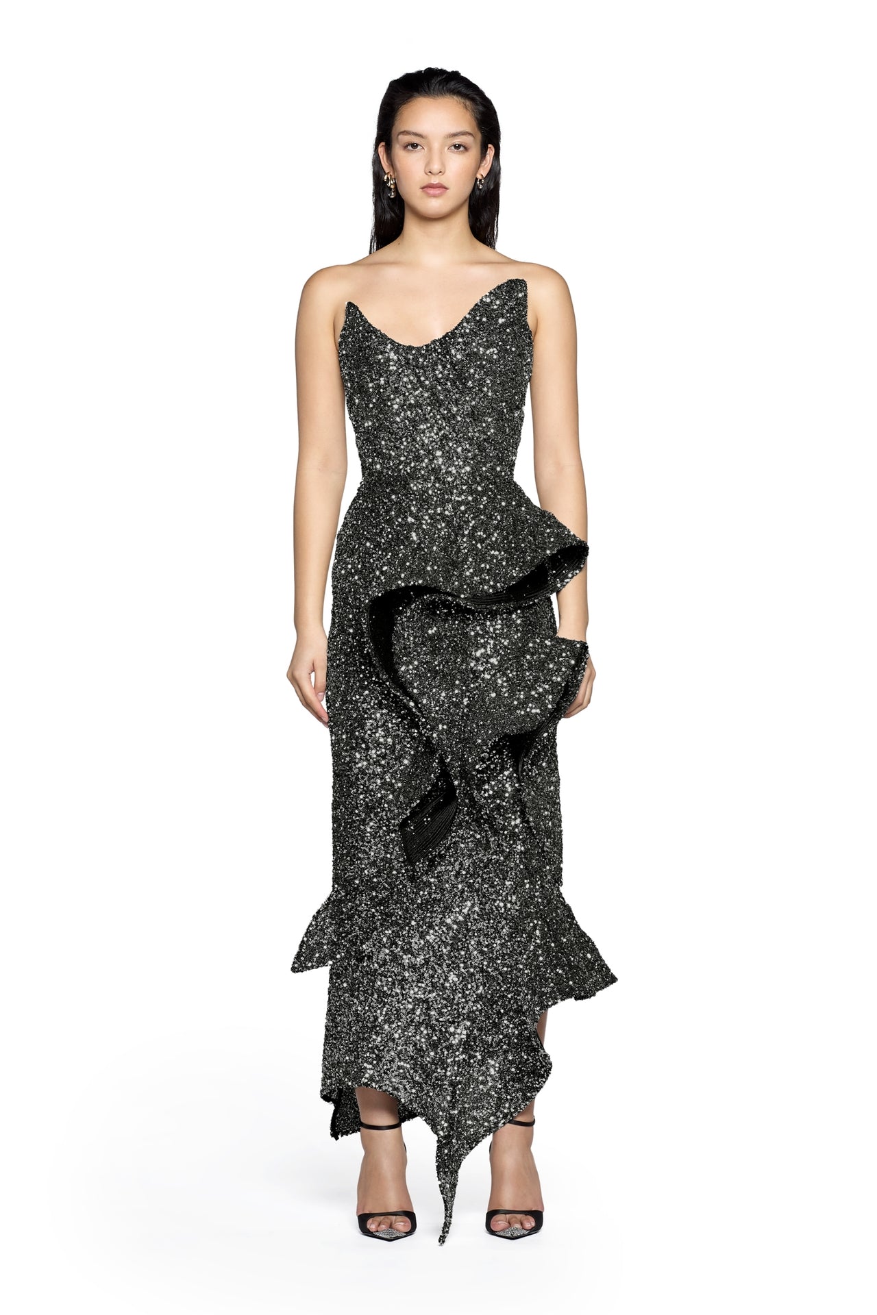 Strapless Sequin Ruffle Maxi Dress Silver HV2234